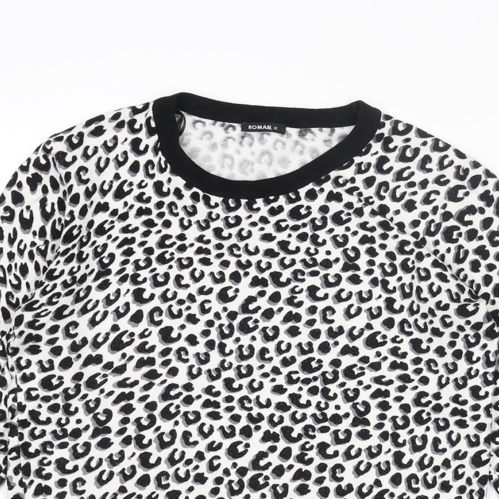 Roman Womens White Round Neck Animal Print Viscose Pullover Jumper Size 10 - Leopard Print