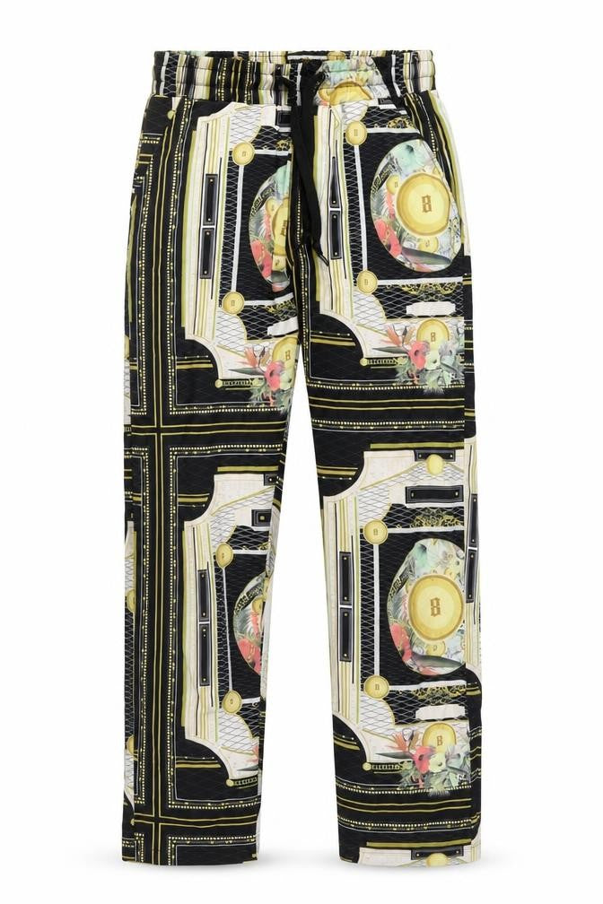 Front view of Fashion Nova men’s multicoloured geometric polyester cropped trousers, size S, 28-inch leg regular drawstring