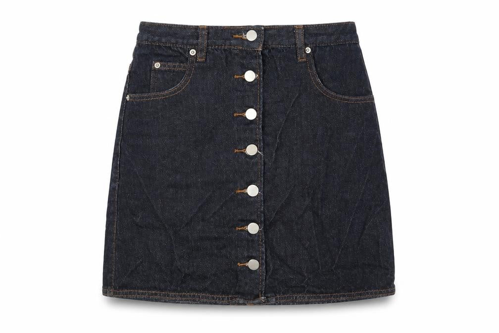 Front view of ASOS women’s blue cotton mini skirt, size UK 8, button