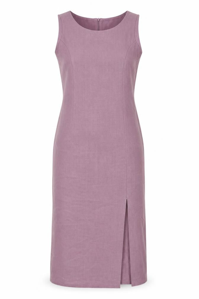 Front view of AMARANTO women’s purple viscose tank dress, size UK 12, scoop neck zip