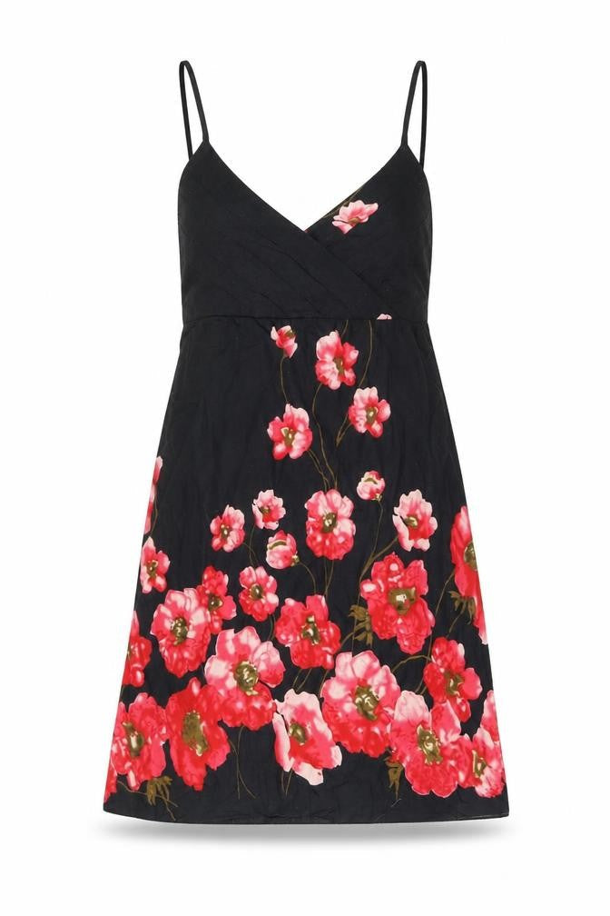 Pussycat London Womens Black Floral Cotton Mini Size 10 V-Neck Pullover