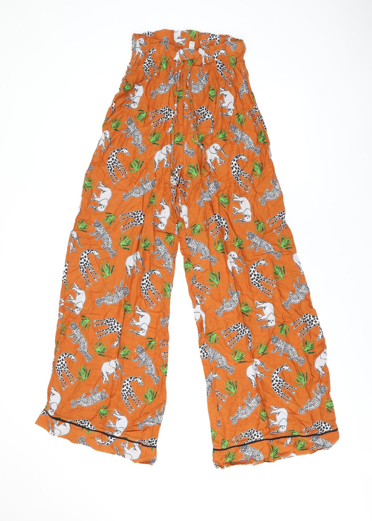 Additional front view of ASOS women’s orange animal print polyester trousers, size UK 6, 30-inch leg regular drawstring