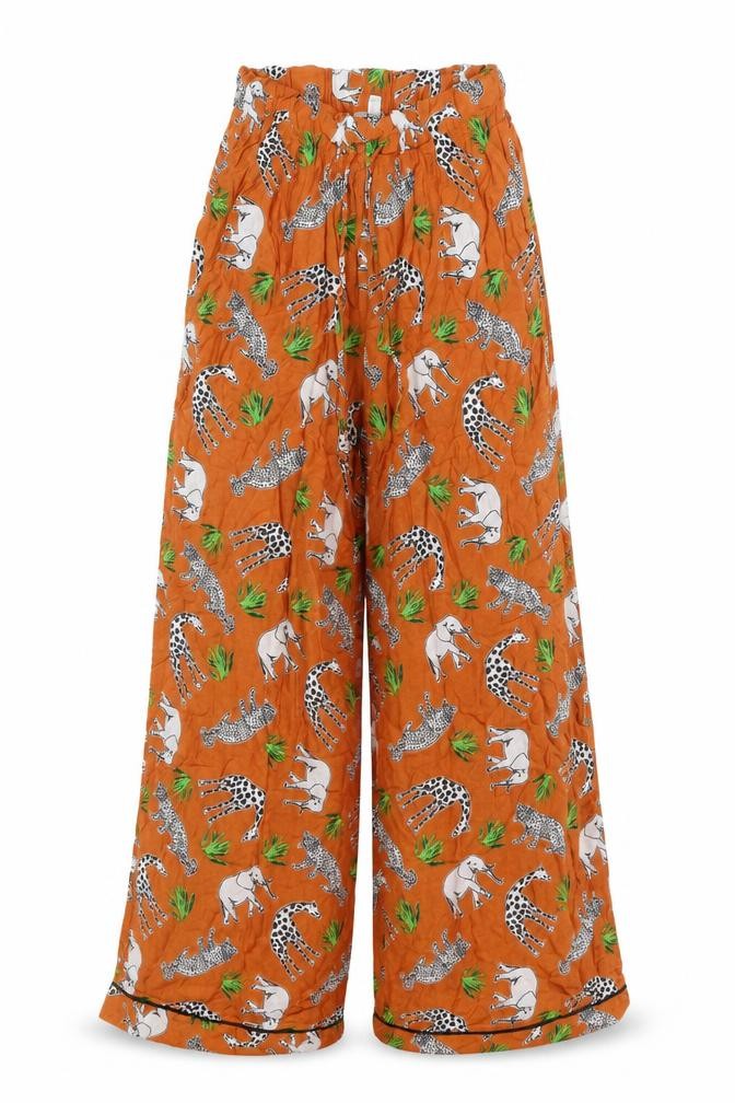 Front view of ASOS women’s orange animal print polyester trousers, size UK 6, 30-inch leg regular drawstring