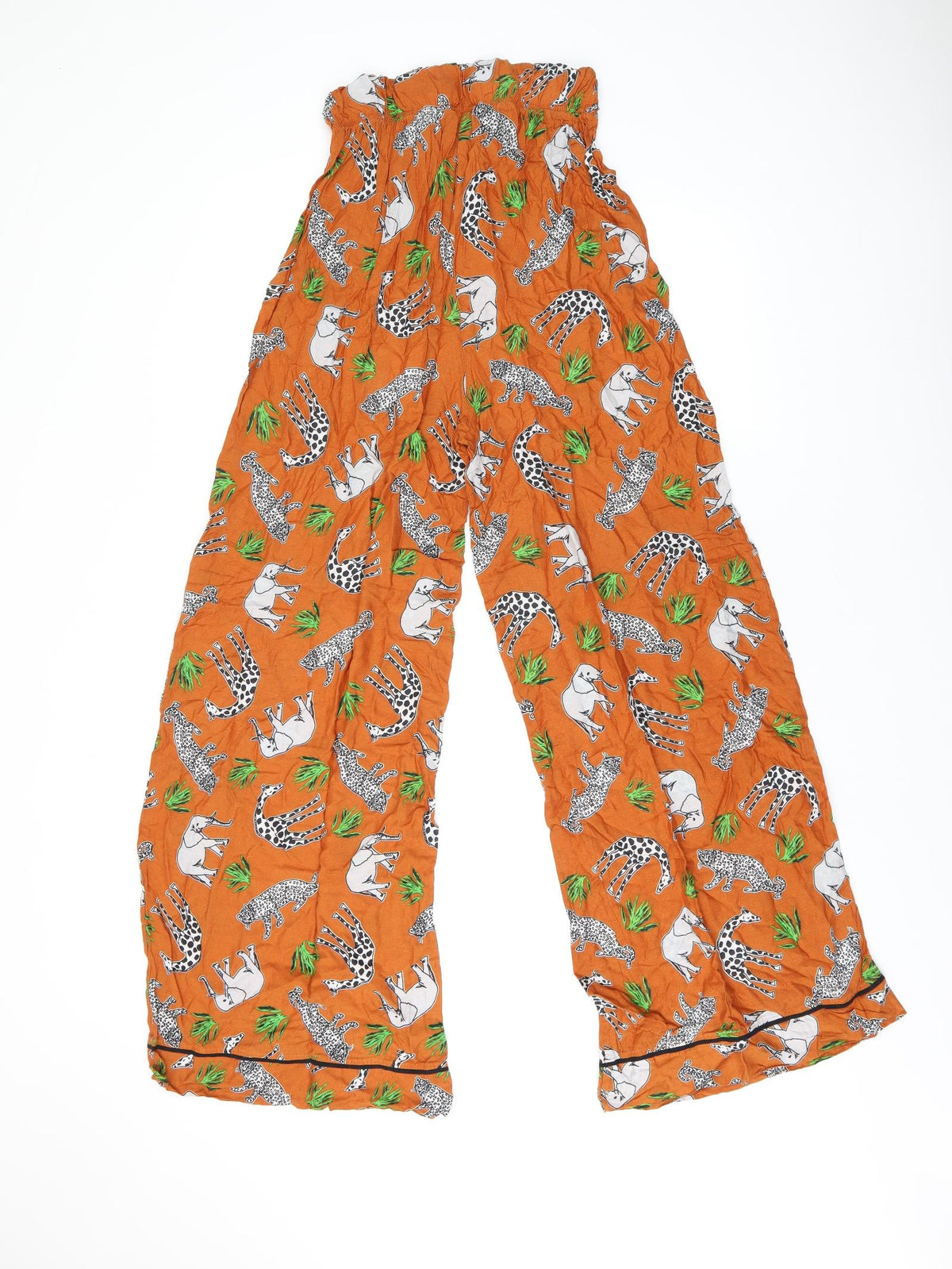 Back view of ASOS women’s orange animal print polyester trousers, size UK 6, 30-inch leg regular drawstring