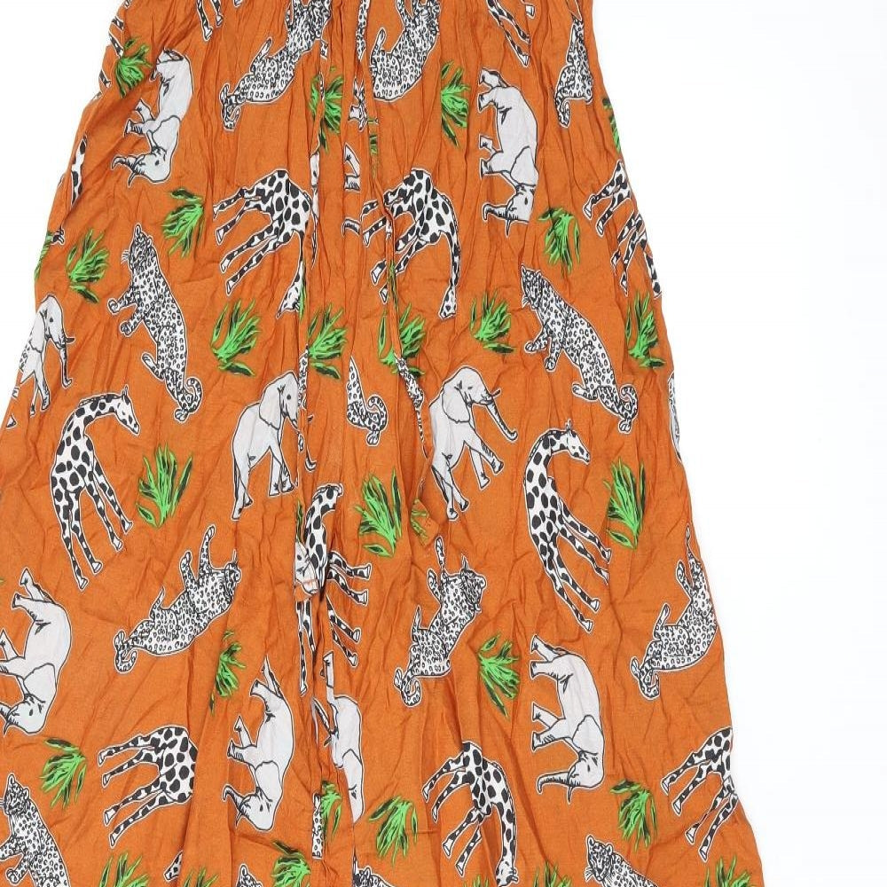 Close-up detail of ASOS women’s orange animal print polyester trousers, size UK 6, 30-inch leg regular drawstring