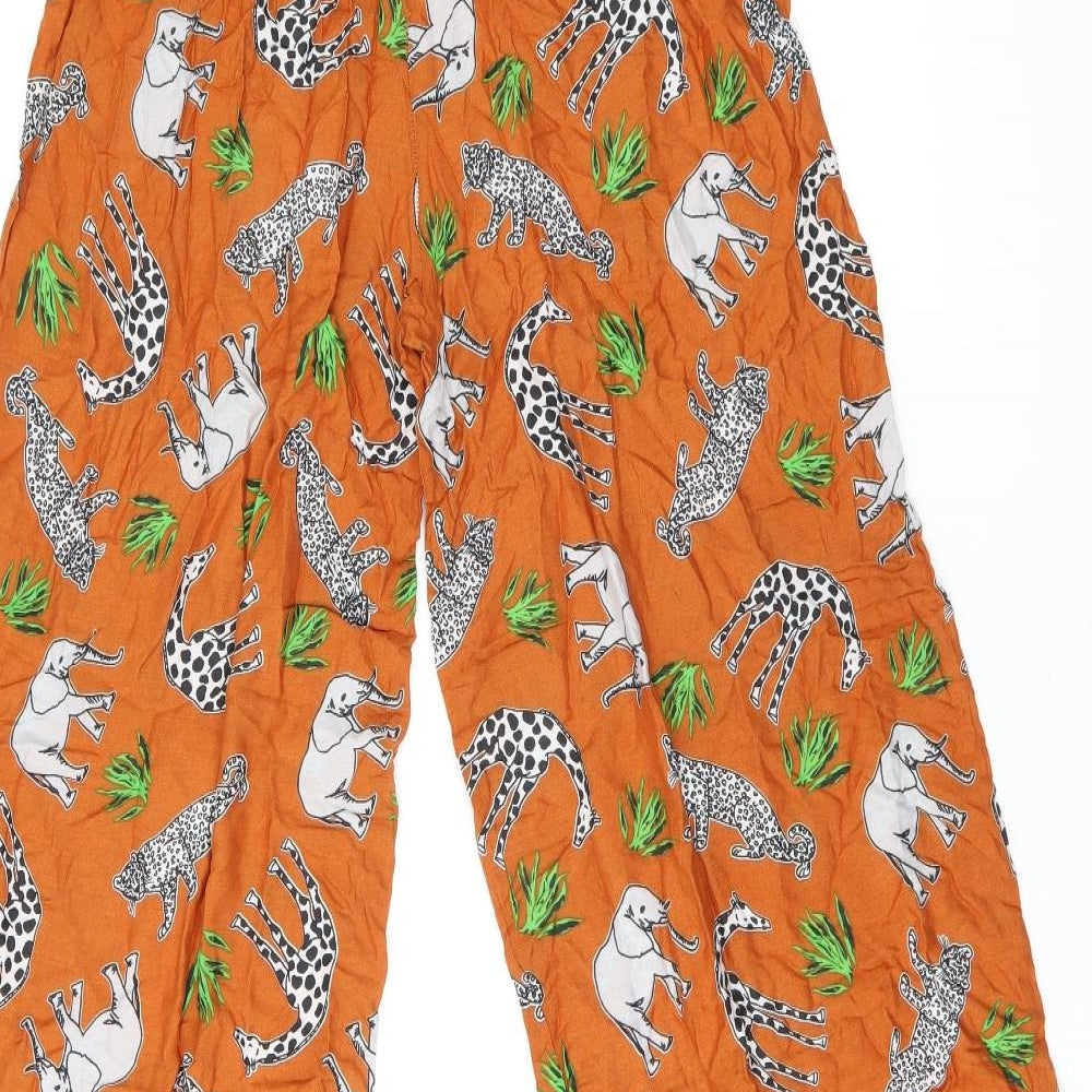 Brand and care label for ASOS women’s orange animal print polyester trousers, size UK 6, 30-inch leg regular drawstring