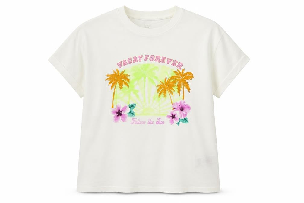 Marks and Spencer Girls Ivory Cotton Pullover T-Shirt Size 11-12 Years Crew Neck - Vacay