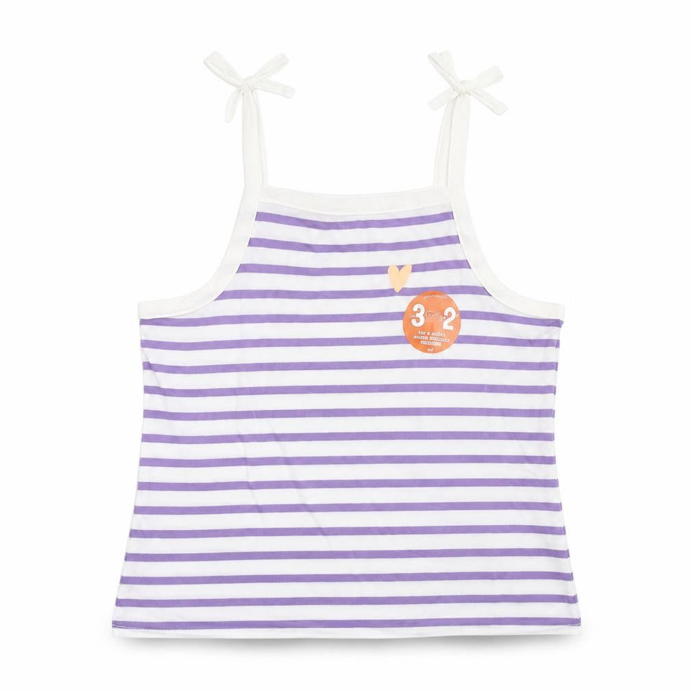 Front view of Marks & Spencer girls’ purple striped cotton camisole tank, size 2-3, years square neck pullover