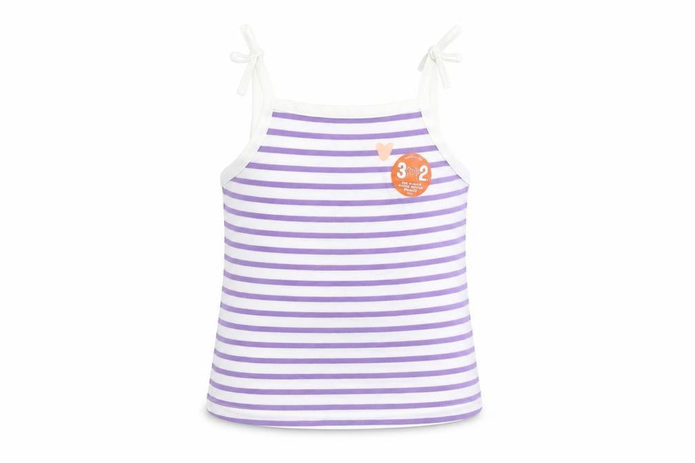 Front view of Marks & Spencer girls’ purple striped cotton camisole tank, size 2-3, years square neck pullover