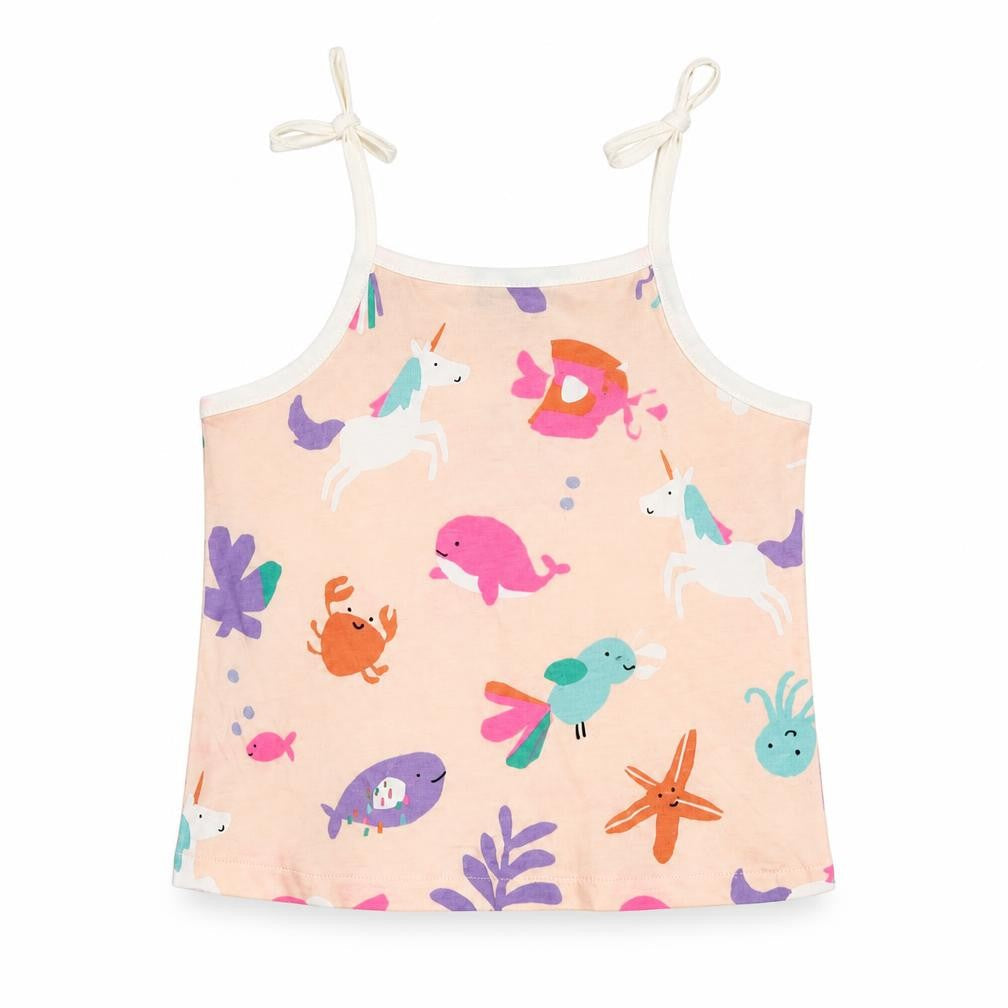 Front view of Marks & Spencer girls’ pink geometric cotton camisole tank, size 2-3, years square neck pullover