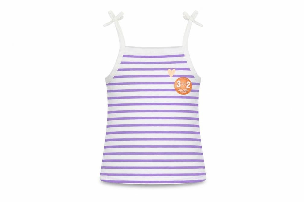 Front view of Marks & Spencer girls’ purple striped cotton camisole tank, size 2-3, years square neck pullover