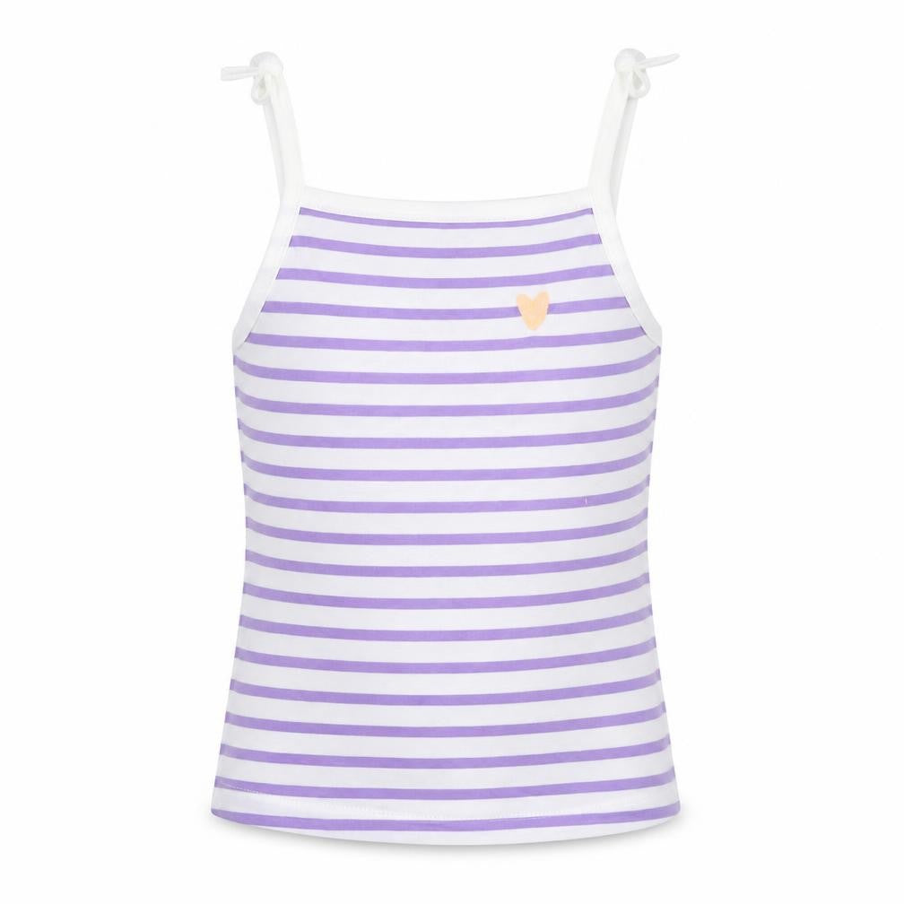 Front view of Marks & Spencer girls’ purple striped cotton camisole tank, size 3-4, years square neck pullover