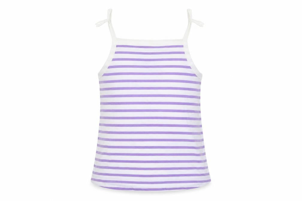 Front view of Marks & Spencer girls’ purple striped cotton camisole tank, size 2-3, years square neck pullover