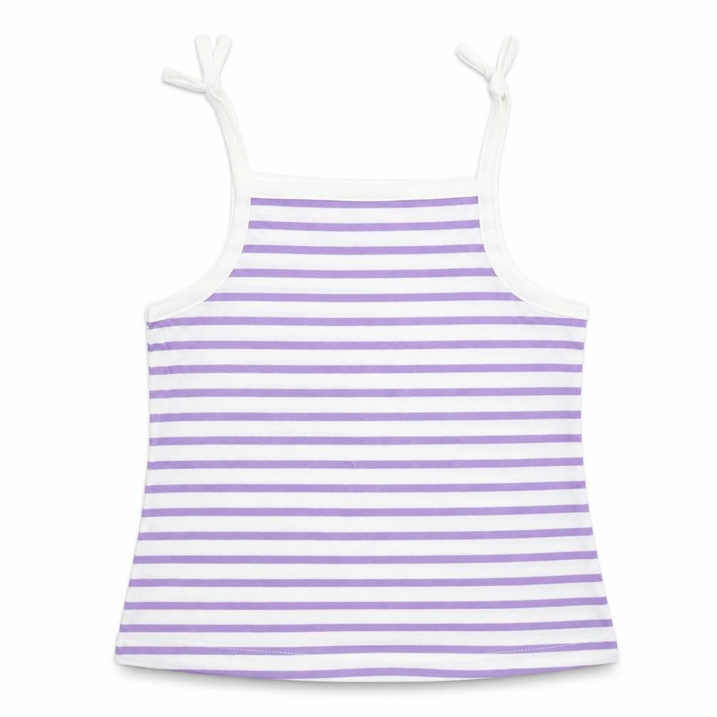 Front view of Marks & Spencer girls’ purple striped cotton camisole tank, size 2-3, years square neck pullover