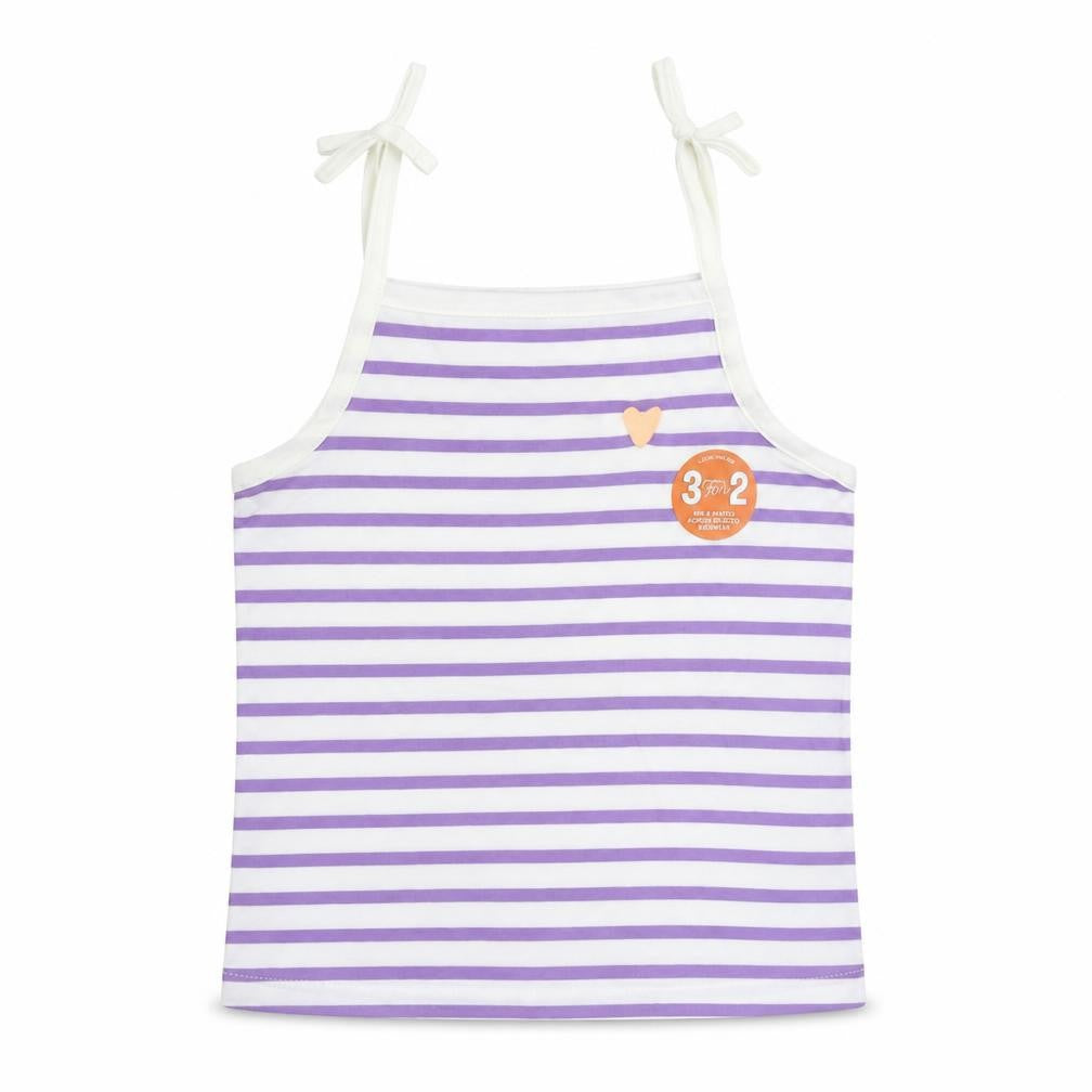 Front view of Marks & Spencer girls’ purple striped cotton camisole tank, size 3-4, years square neck pullover