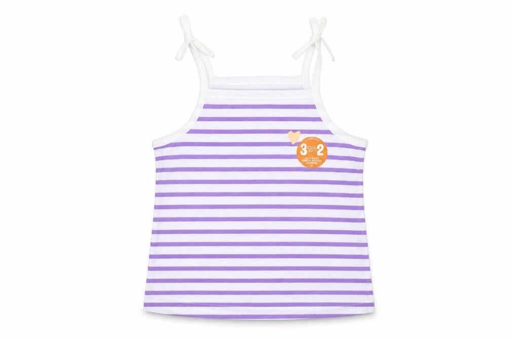 Front view of Marks & Spencer girls’ purple striped cotton camisole tank, size 2-3, years square neck pullover