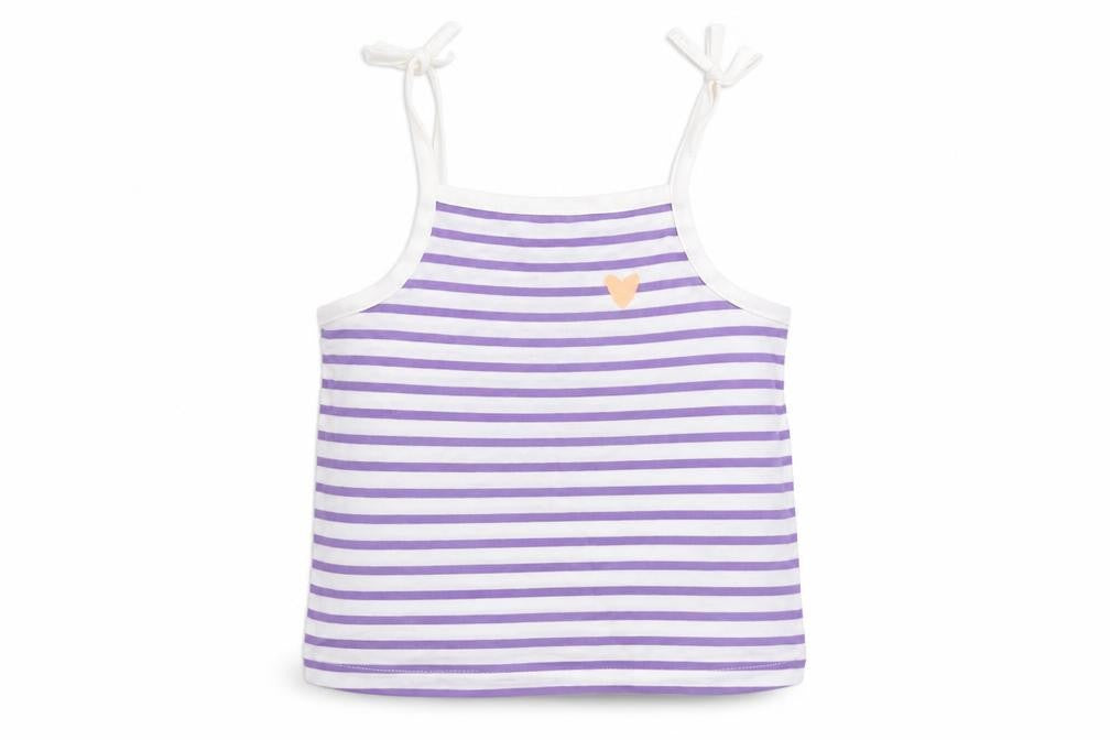 Front view of Marks & Spencer girls’ purple striped cotton camisole tank, size 2-3, years square neck pullover