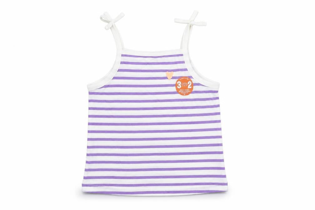 Front view of Marks & Spencer girls’ purple striped cotton camisole tank, size 2-3, years square neck pullover