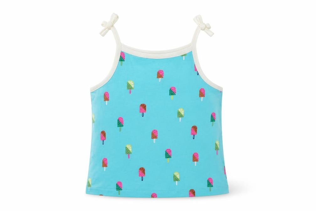 Front view of Marks & Spencer girls’ blue geometric cotton camisole tank, years square neck pullover - ice cream print