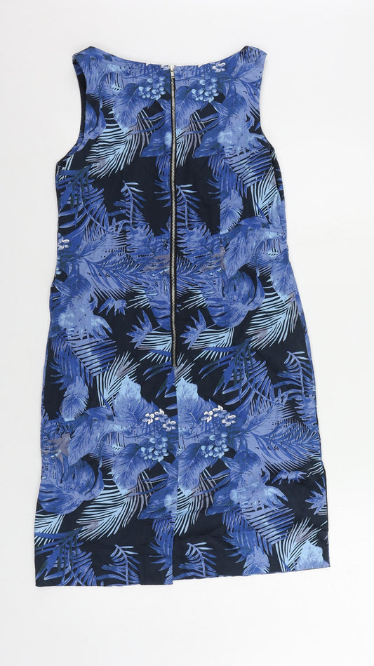 Paraphrase Womens Blue Geometric Cotton Shift Size 10 Boat Neck Zip