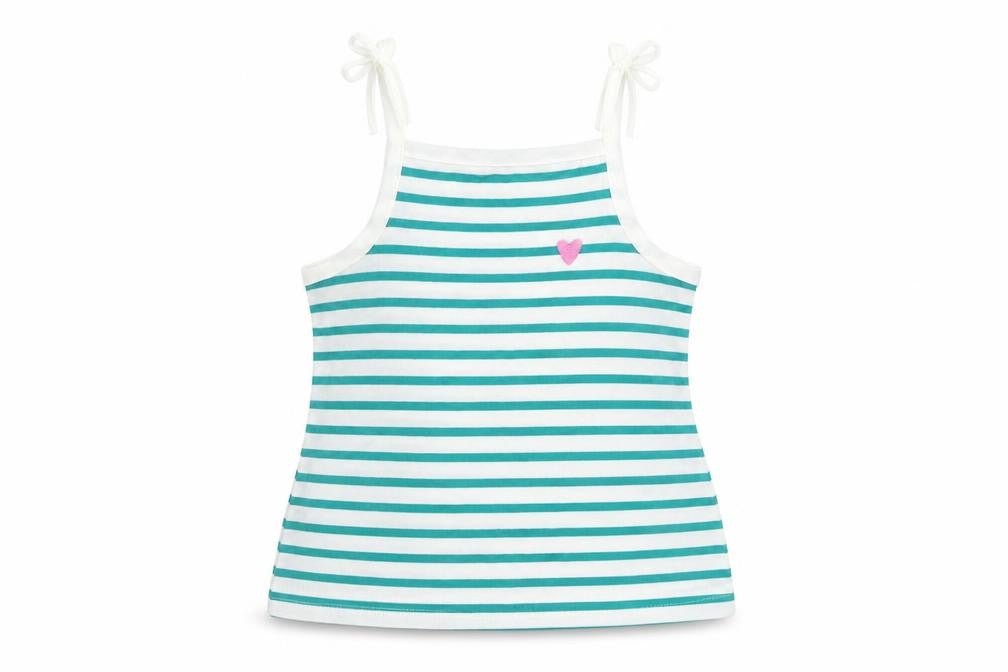 Front view of Marks & Spencer girls’ green striped cotton camisole tank, size 2-3, years square neck pullover