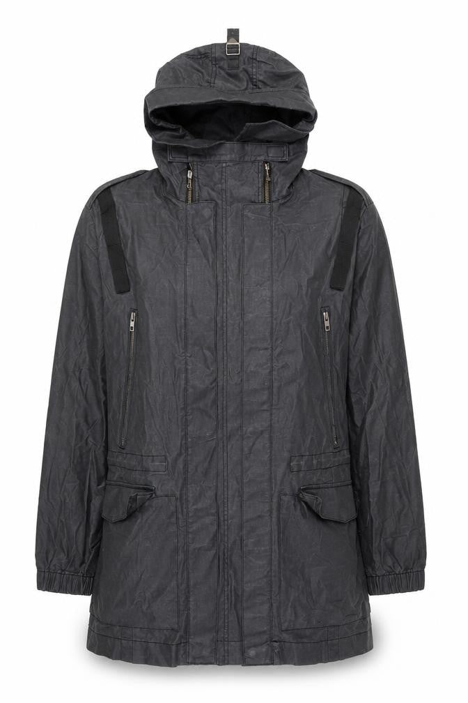 Front view of French Connection women’s black jacket coat, size M, zip
