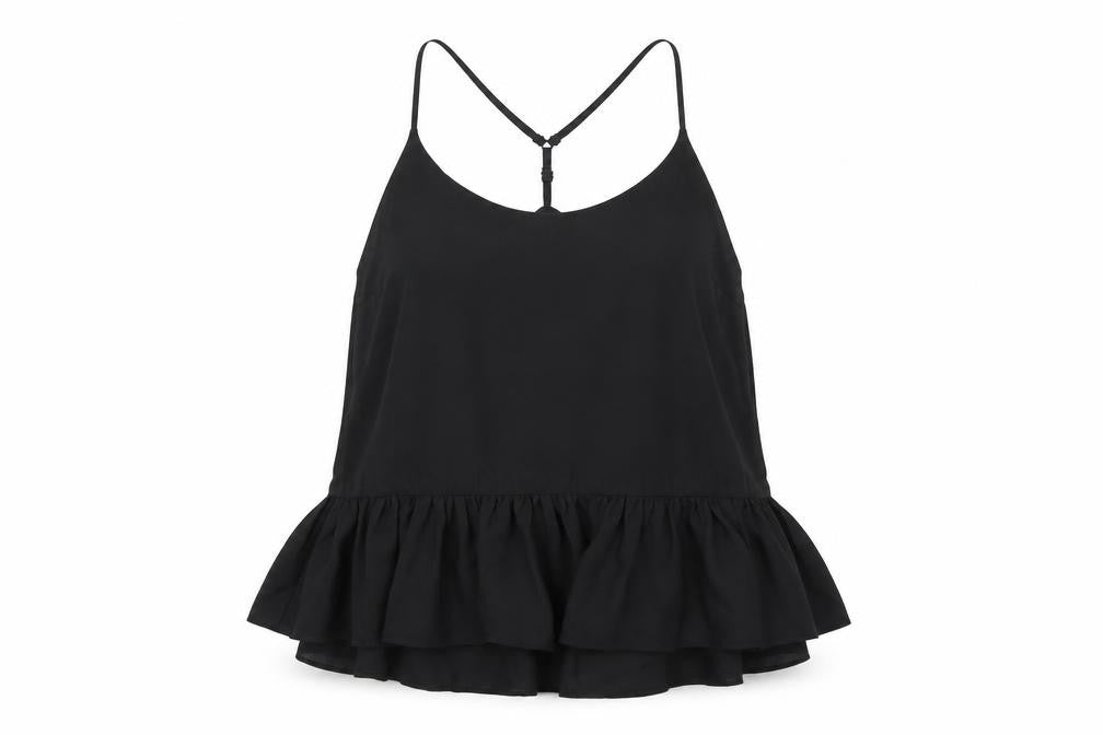 Front view of ASOS women’s black polyester camisole t-shirt, size UK 6, scoop neck