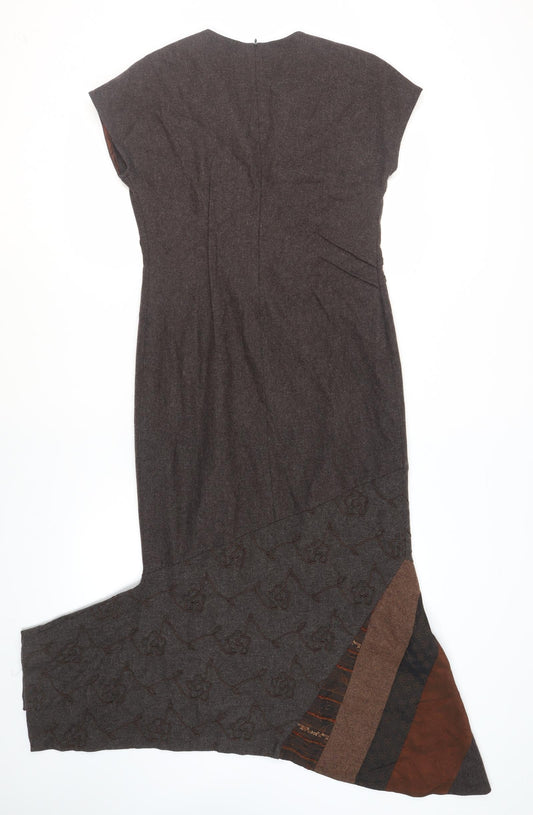 Imprern Design Womens Brown Polyester Shift Size 10 V-Neck Zip - Brooch Included Asymmetrical Hem