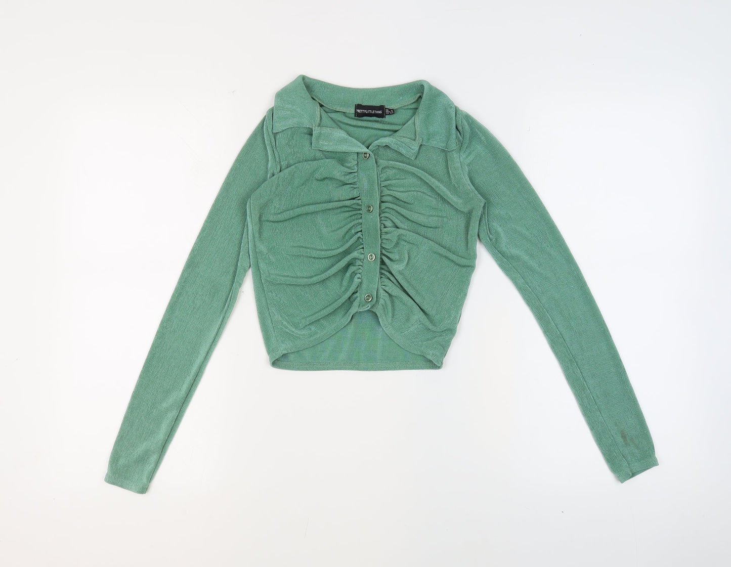 PRETTYLITTLETHING Womens Green Polyester Basic Button-Up Size 6 V-Neck - Ruched Cropped