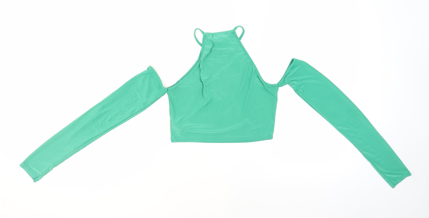 PRETTYLITTLETHING Womens Green Polyester Cropped Blouse Size 8 Halter - Cold Shoulder Cut Outs