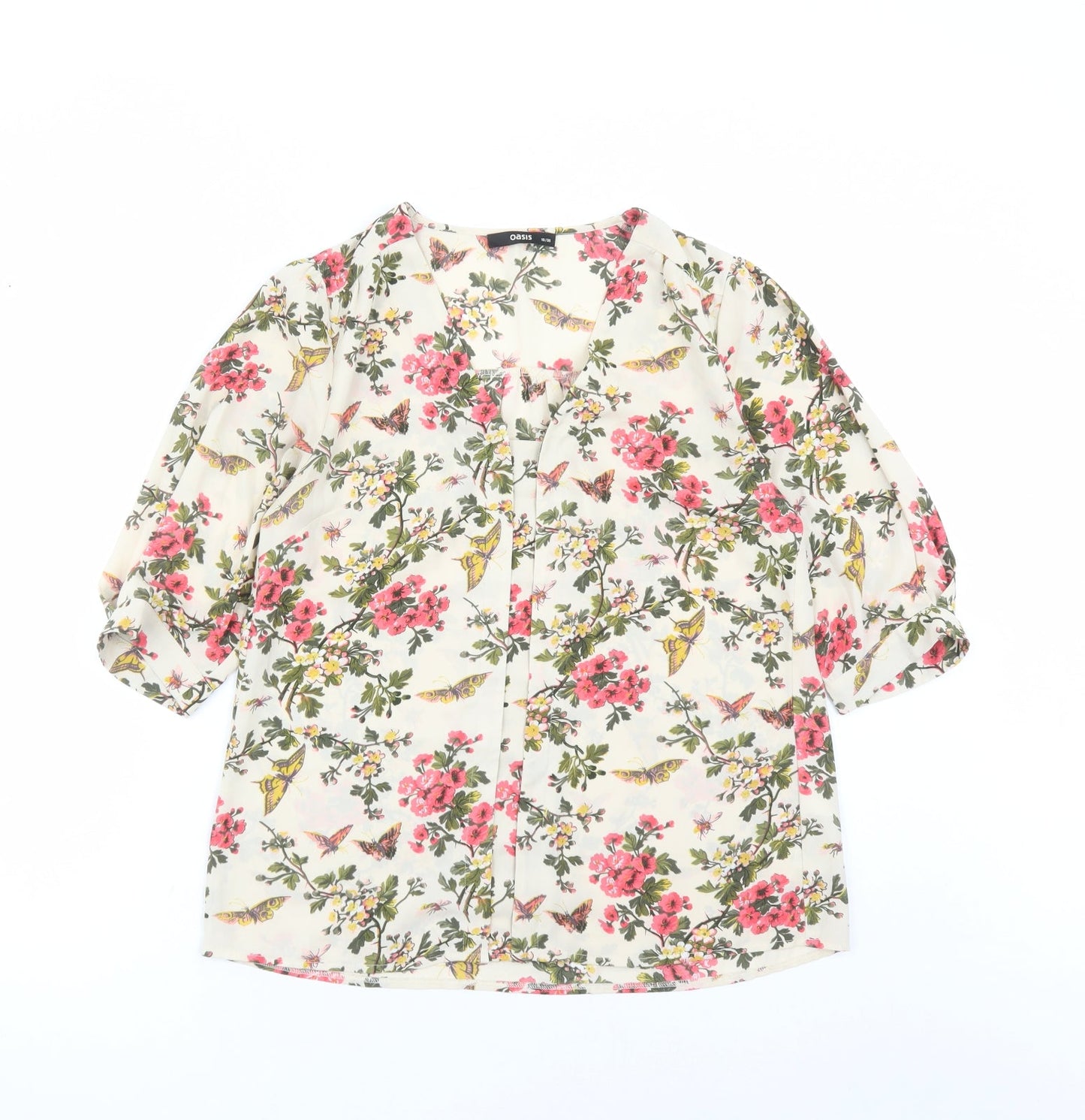 Oasis Womens Beige Floral Polyester Basic Blouse Size 10 V-Neck