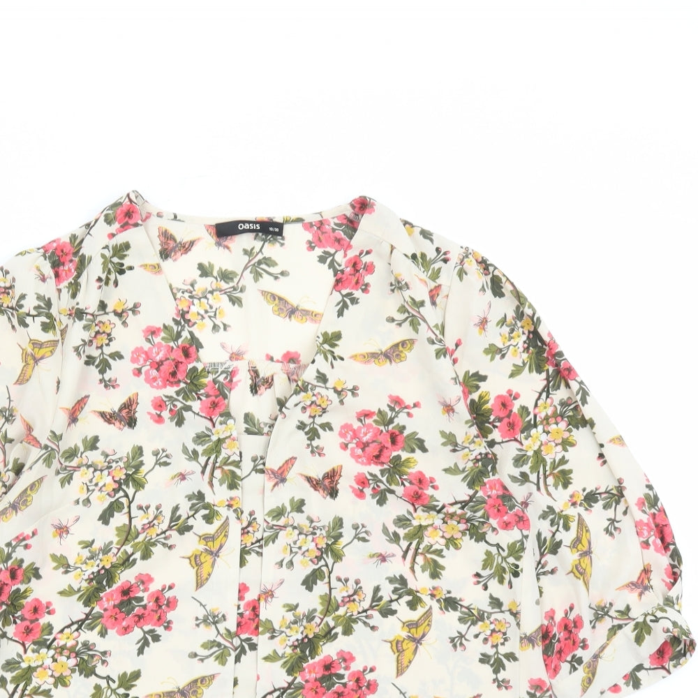 Oasis Womens Beige Floral Polyester Basic Blouse Size 10 V-Neck