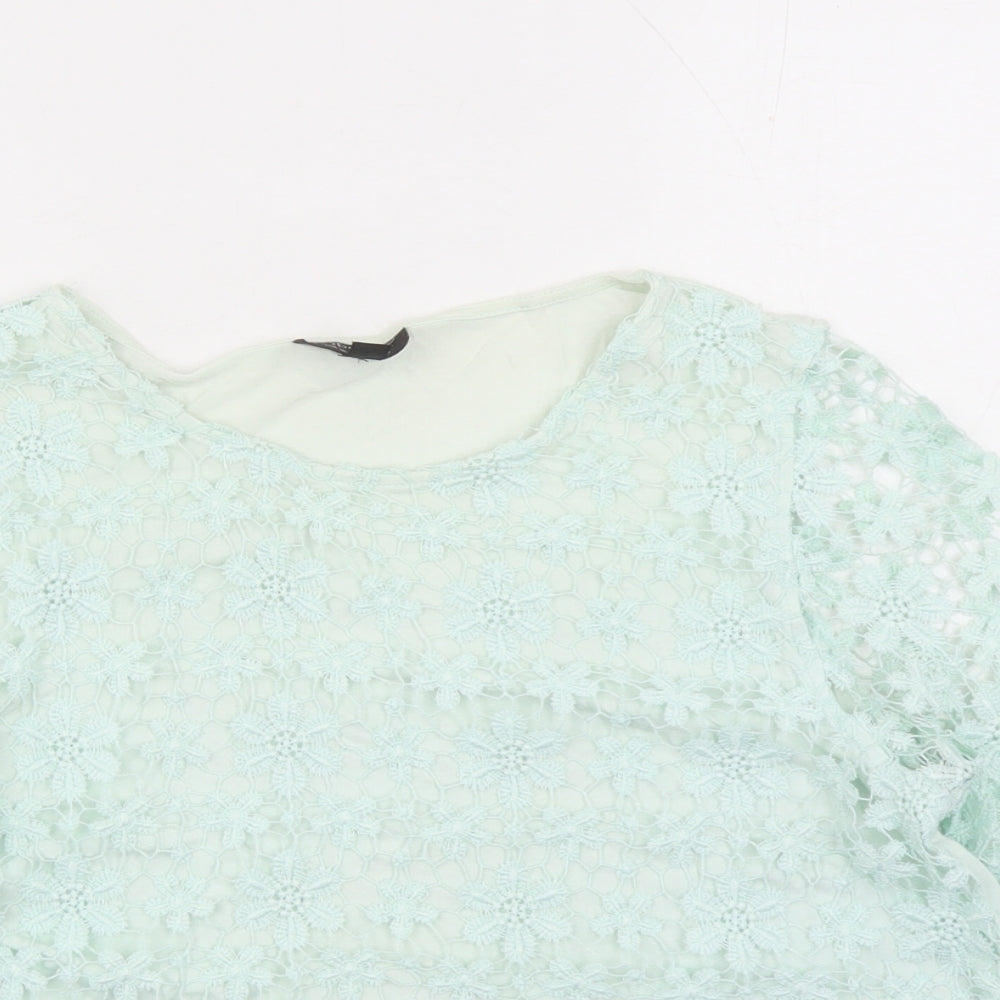 Topshop Womens Green Floral Polyester Basic Blouse Size 10 Round Neck