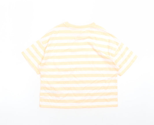 Marks and Spencer Girls Orange Striped Cotton Basic T-Shirt Size 9-10 Years Crew Neck Pullover