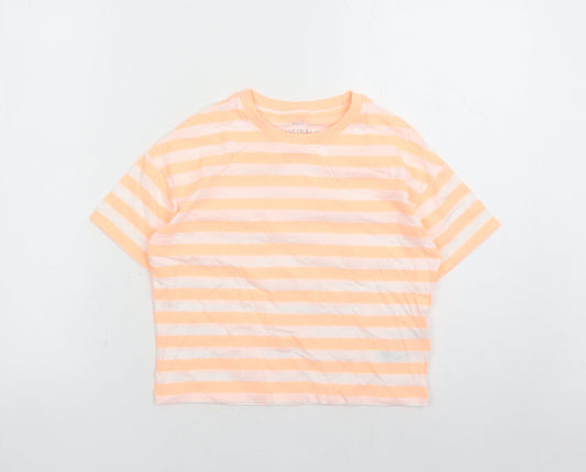 Marks and Spencer Girls Orange Striped Cotton Basic T-Shirt Size 8-9 Years Crew Neck Pullover