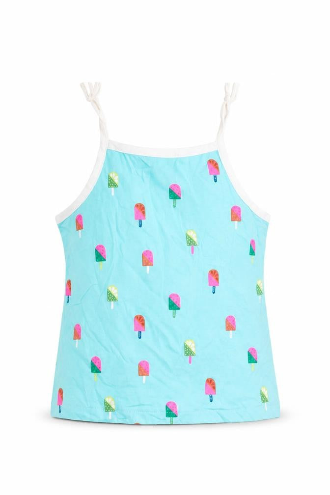 Front view of Marks & Spencer girls’ blue geometric cotton camisole tank, years square neck pullover - ice lolly pattern