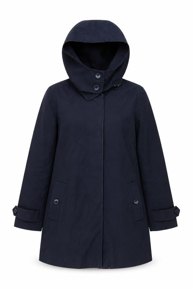 Front view of French Connection women’s blue trench coat coat, size UK 10, button