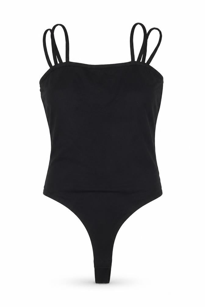 Front view of ASOS women’s black viscose bodysuit one-piece, size UK 8, snap