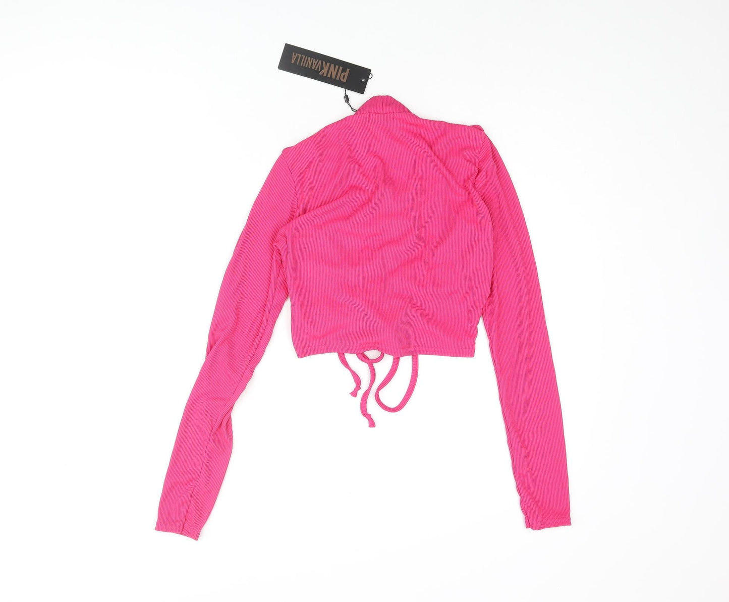 Pink Vanilla Womens Pink Polyester Cropped Blouse Size M Mock Neck - Keyhole Neck Drawstring