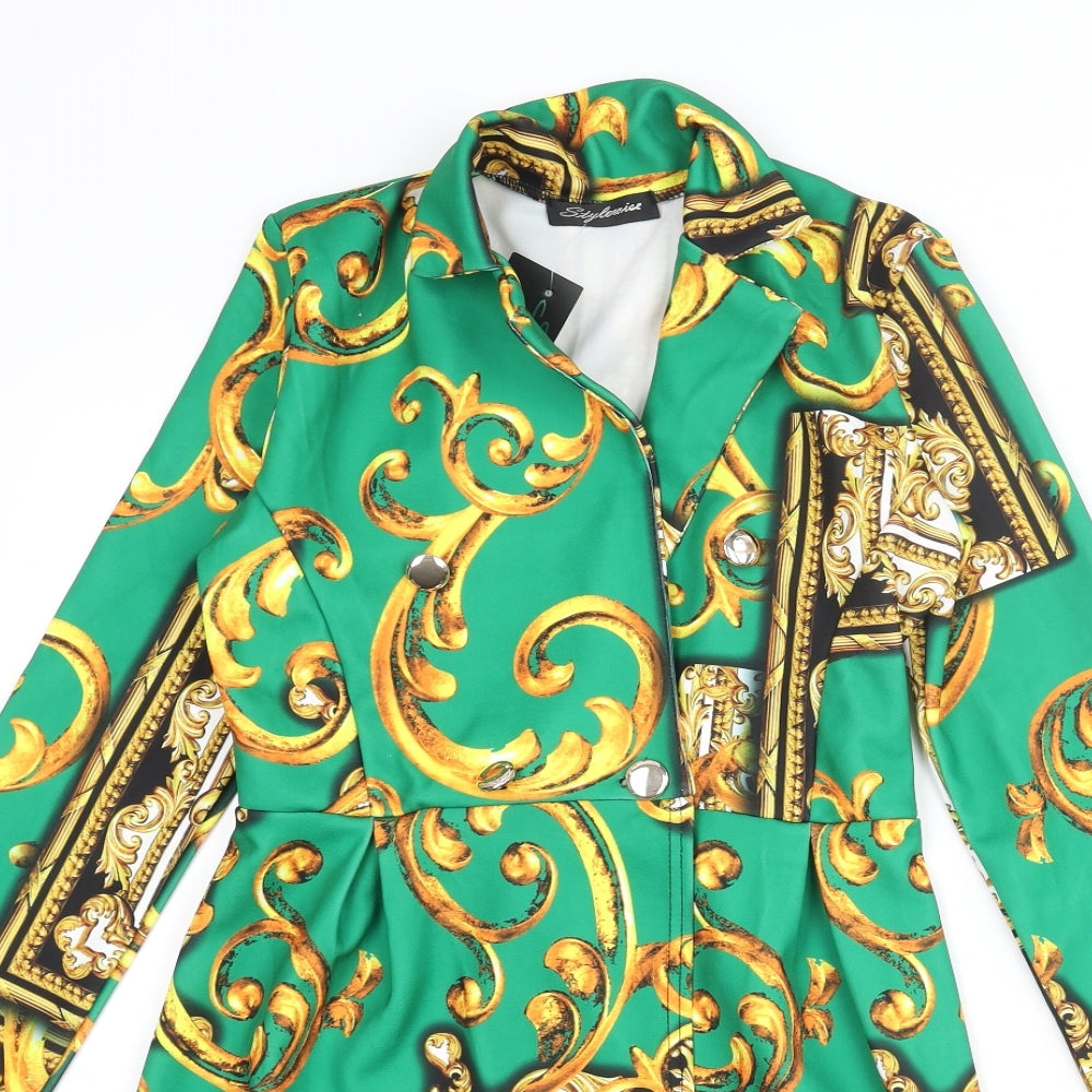 Stylewise Womens Gold Geometric Polyester Jacket Dress Size 6 Collared Button
