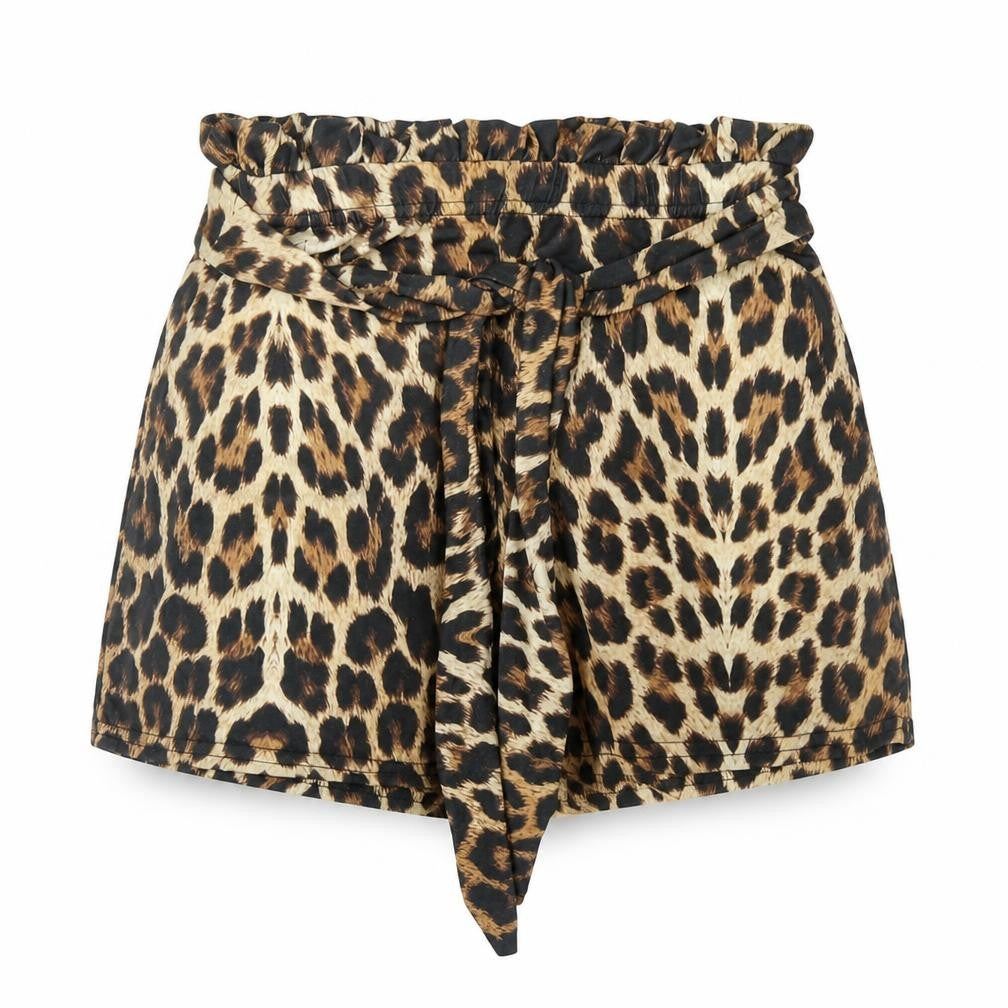 Front view of I SAW IT FIRST women’s brown animal print polyester basic shorts, regular pull on - leopard print belted