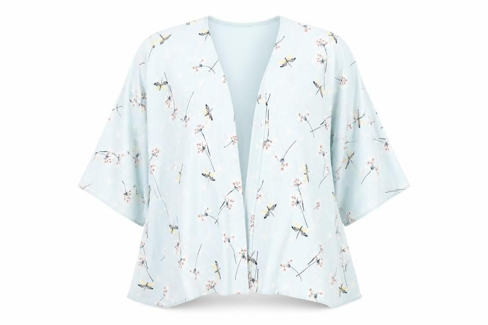 Front view of New Look girls’ blue geometric polyester kimono blouse, size M, v-neck - dragonfly print