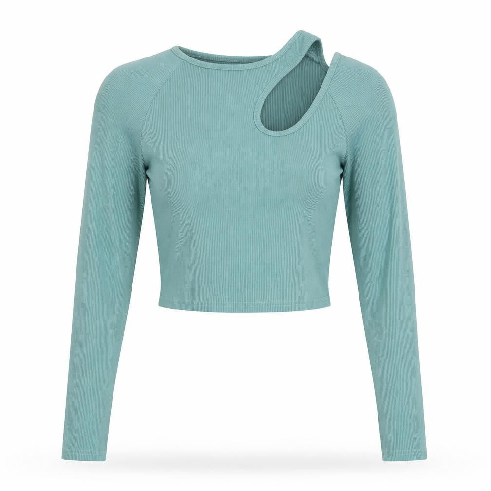 Amy & Clo Womens Green Polyester Cropped Blouse Size M Round Neck - Cut Out Detail Size M-L