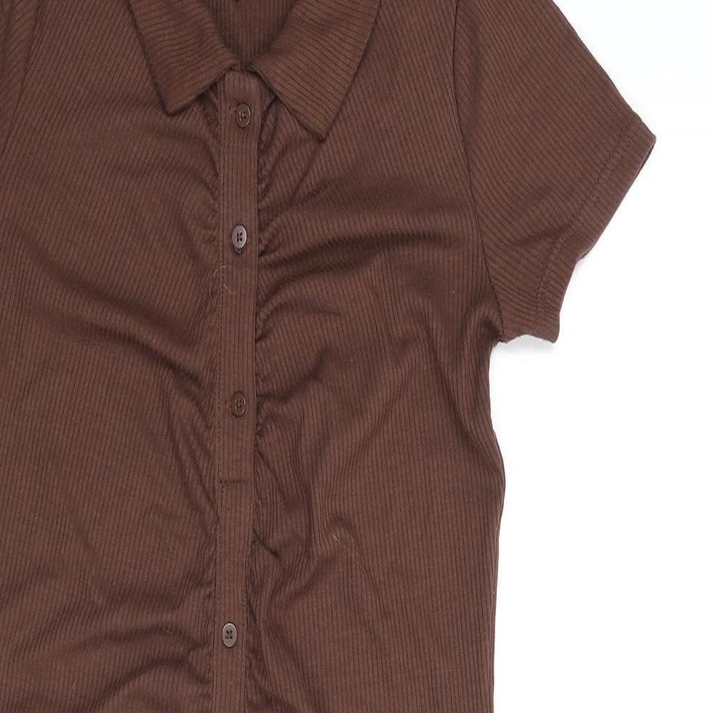 Cropp Womens Brown Polyester Bodycon Size M Collared Pullover - Rouched Button Detail