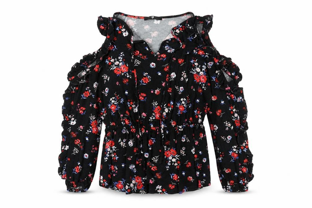 Very Womens Black Floral Viscose Basic T-Shirt Size 14 V-Neck - Tie Detail, Ruffles