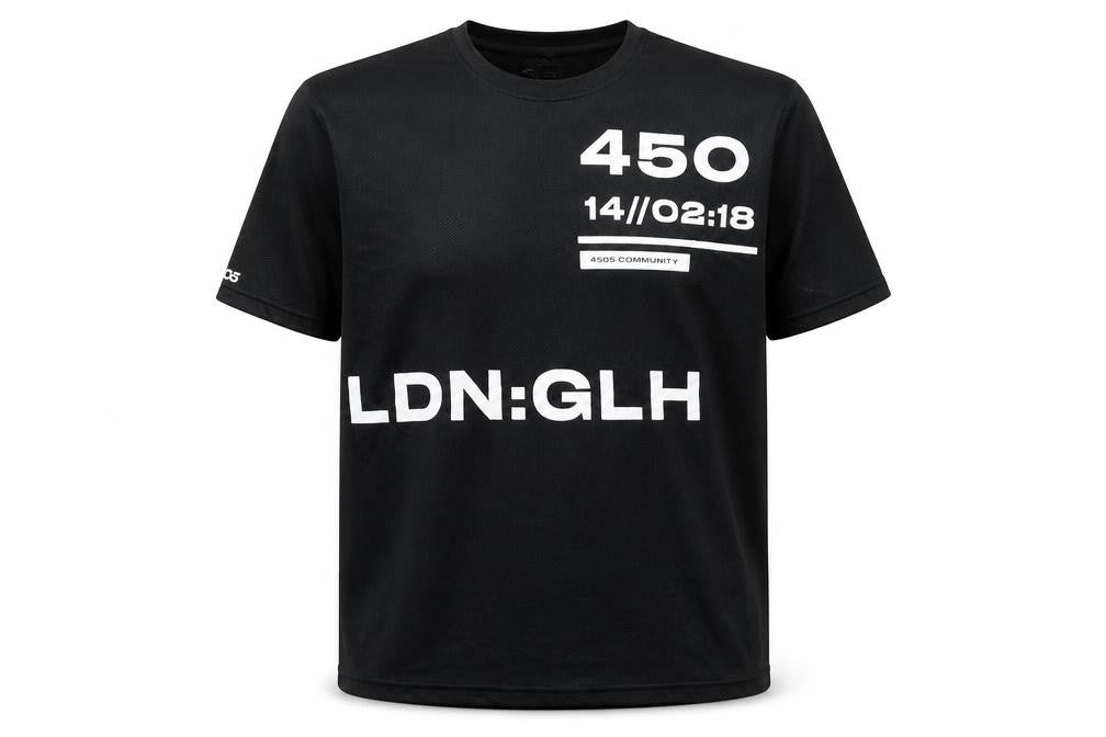 Front view of ASOS men’s black polyester t-shirt, size S, round neck - numbers, breathable material