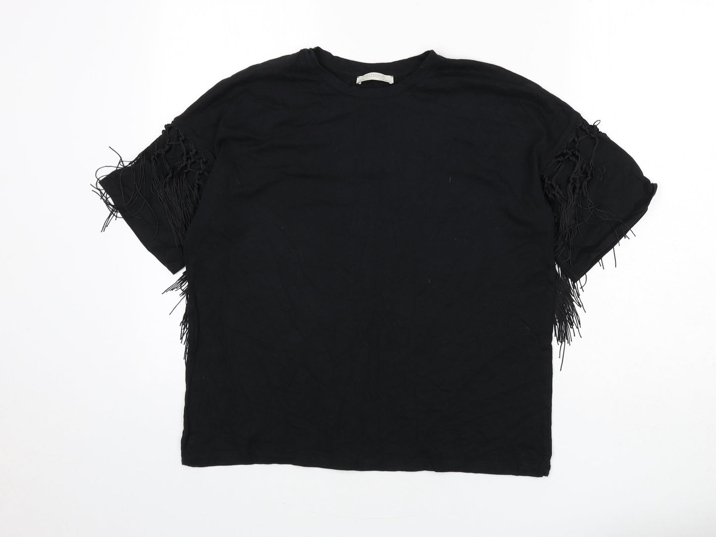 Zara Womens Black Polyester Basic T-Shirt Size M Round Neck - Tassles