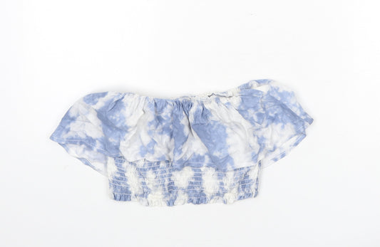 Hollister Womens Blue Geometric Viscose Cropped T-Shirt Size XS Off the Shoulder - Tie Dye, Bardot, Shirred