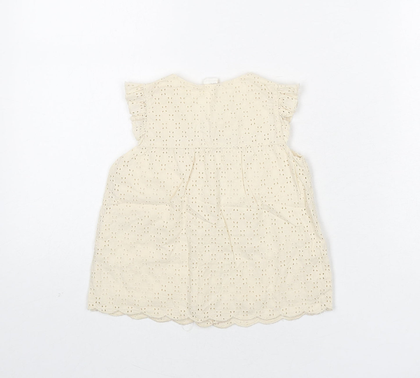 H&M Girls Beige Geometric 100% Cotton Basic Button-Up Size 12-18 Months Round Neck Button - Embroidered Detail