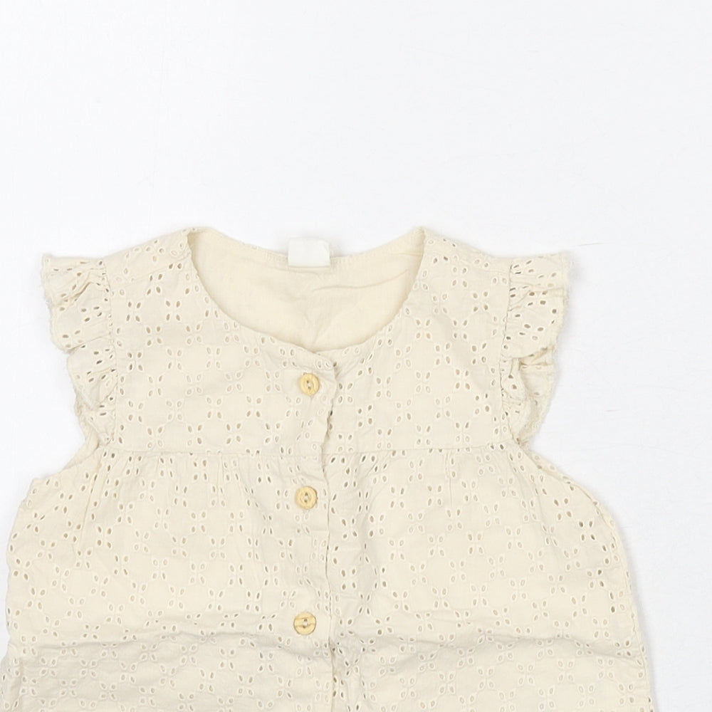 H&M Girls Beige Geometric 100% Cotton Basic Button-Up Size 12-18 Months Round Neck Button - Embroidered Detail